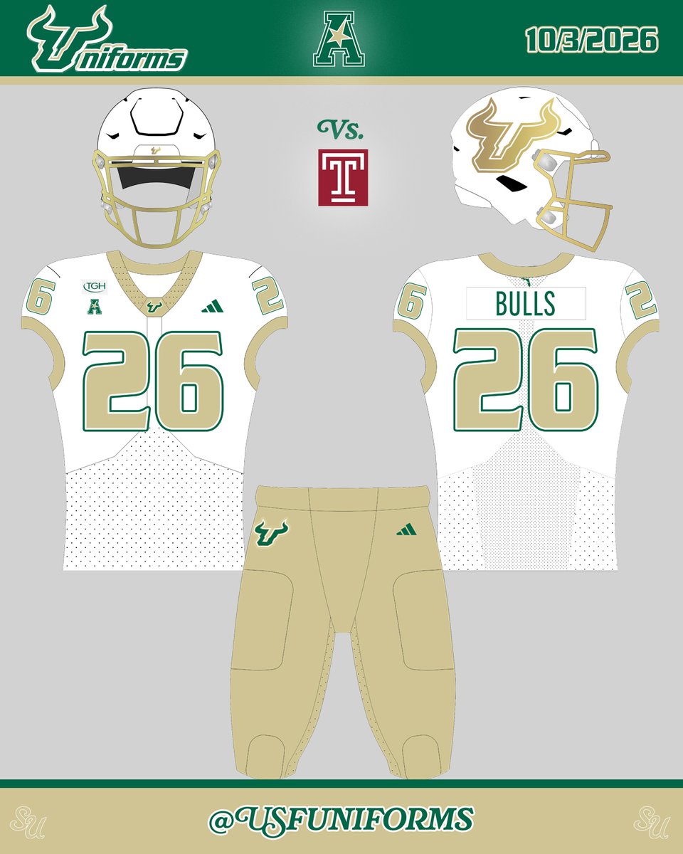 USFUniforms's tweet photo. Uniform is set vs. Temple.  

The Gold Standard.   

5 games, 5 different combos. #Bulls https://t.co/767YP6K47k