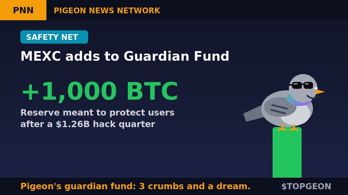TopPigeonSOL's tweet photo. After a $1.26B hack quarter, exchanges are stacking safety nets. 🛡️

@MEXC_Official just added another 1,000 BTC to its Guardian Fund, the reserve meant to protect users.

The pigeon's guardian fund: 3 crumbs and a dream. 🐦🍞

Do exchange protection funds make you feel safer? 👇

$TOPGEON #TOPGEON #Bitcoin

💙Like
🔁RT