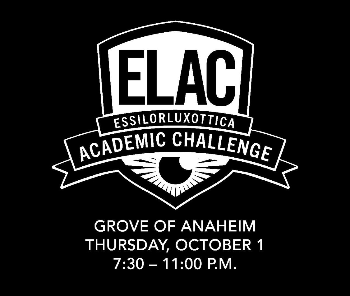 aaopt's tweet photo. Calling all students—are you ready to bring the energy and represent your school?

The EssilorLuxottica Academic Challenge (ELAC) takes over The Grove of Anaheim Friday night!

Friday, October 2 | 7:30–11:30 p.m. PDT  
The Grove of Anaheim  
Transportation provided

Students from across the U.S. and Canada will go head-to-head for a night of trivia, school pride, team spirit and plenty of friendly competition.

Come cheer on your school, make some noise and see who takes home the ELAC championship!

Open to all Academy students. Check the Academy.26 app for event and transportation details.

#Academy26  #OptometryStudents #Optometry #FutureODs