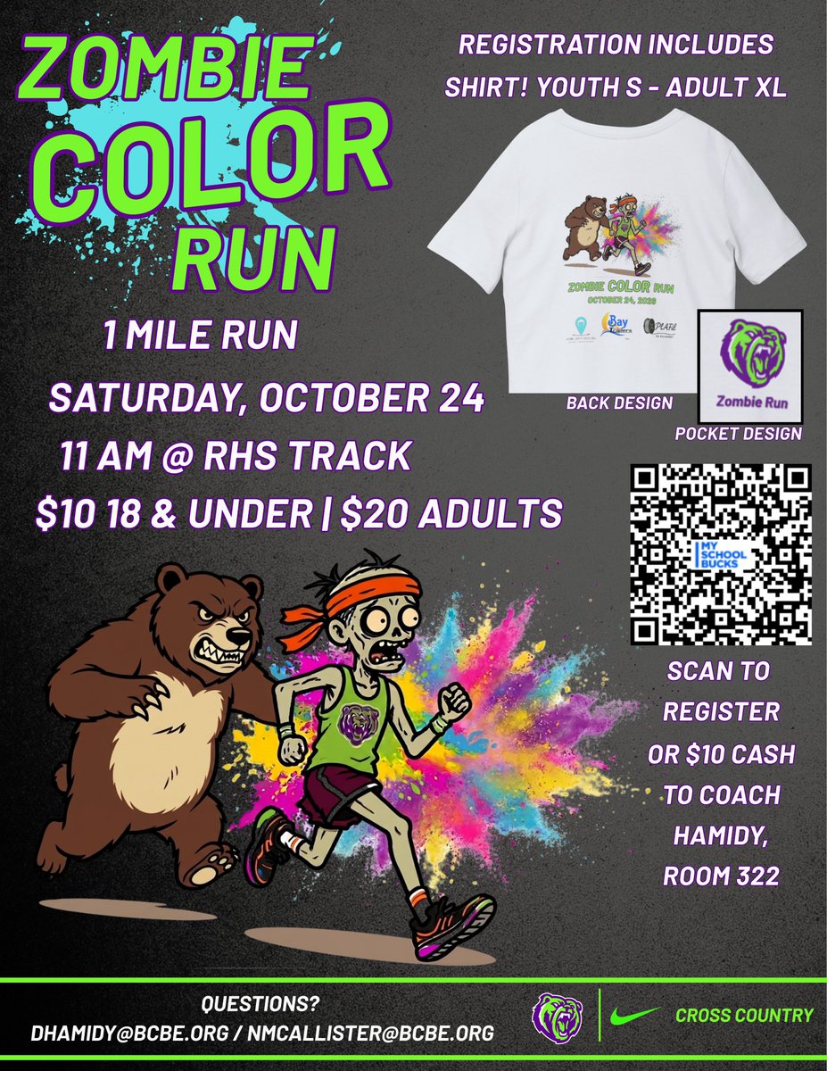 BaldwinSchools's tweet photo. ZOMBIE COLOR RUN: Robertsdale High School Cross Country is hosting the 1st Zombie Color Run, a one-mile run, on October 24 at 11am at Robertsdale High. Scan the QR code below for more details and registration. Only $10 for kids 18 and under and $20 for adults.
#baldwinproud https://t.co/B5y9e0384G