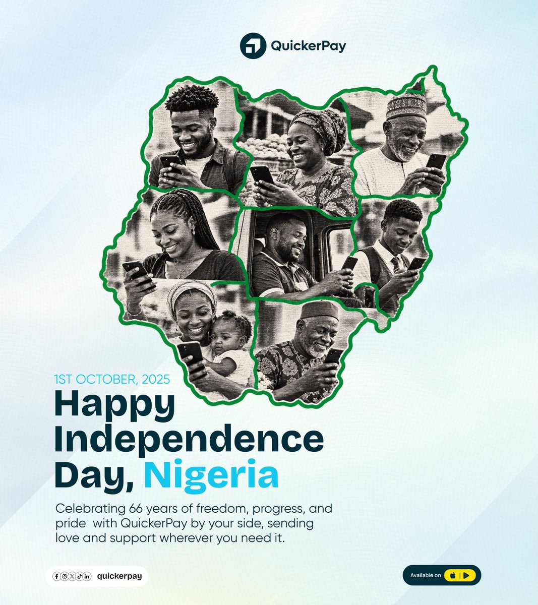 QuickerPayApp's tweet photo. 🇳🇬 Happy 66th Independence Day, Nigeria! 🇳🇬

Sixty-six years on, Nigerians keep proving that borders can't limit ambition. From Lagos to Abuja and beyond, you are building, trading, studying, and supporting family across continents.

At QuickerPay, we're proud to power that journey. We make it simpler to move money across borders and manage your finances globally, with virtual USD accounts and fast, reliable cross-border payments designed for people who live and work without limits.

Today we celebrate the resilience, hustle, and spirit of Nigeria and Nigerians everywhere. 💚🤍💚

QuickerPay: money without borders.

Happy Independence Day! 🎉

#NigeriaAt66 #HappyIndependenceDay #ProudlyNigerian #QuickerPay #October1st #NaijaToTheWorld #CrossBorderPayments