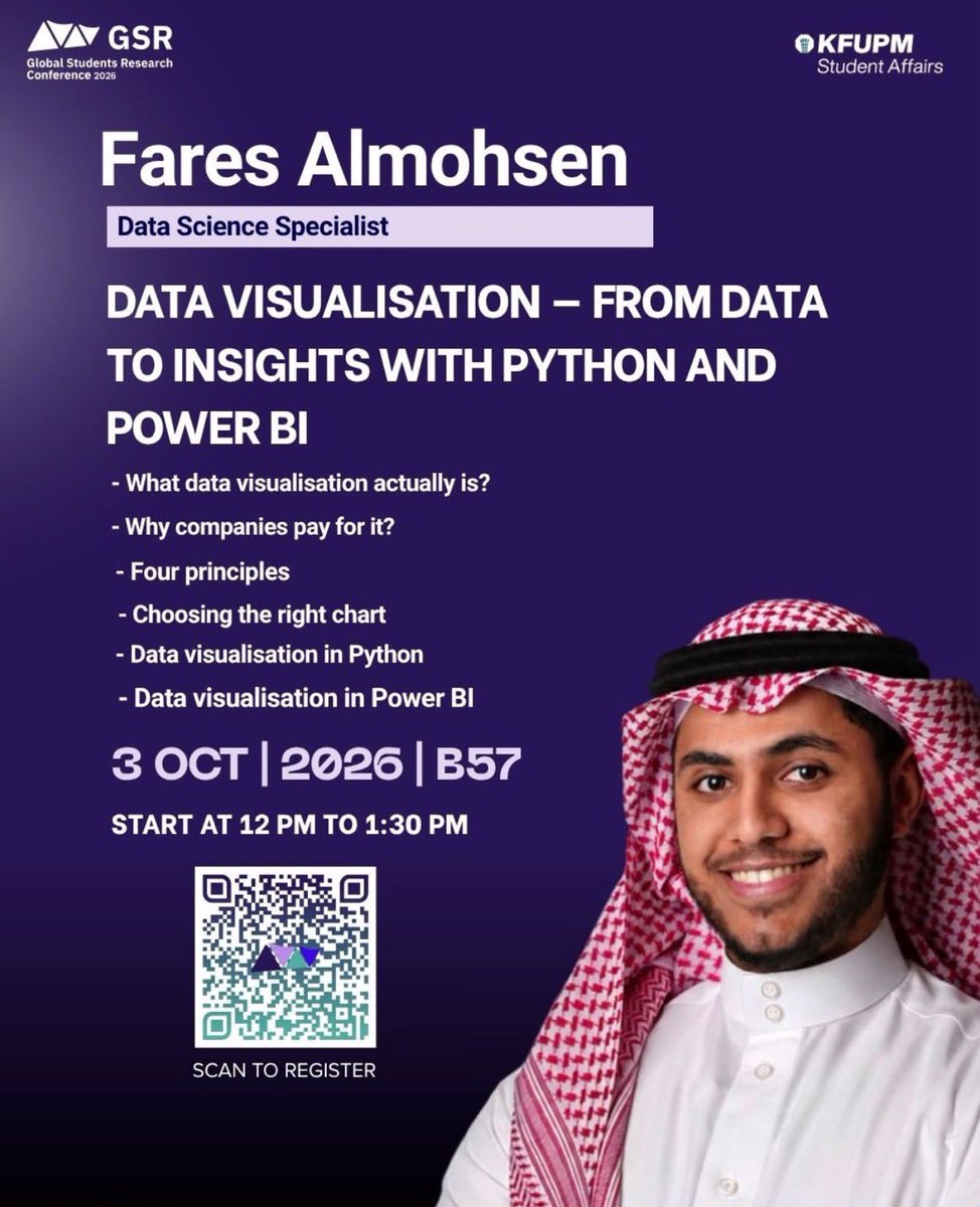 SharqXTech's tweet photo. 📊 بياناتك مو مجرد أرقام، هي قصص تنتظر من يكتشفها.

GSR KFUPM Conference تقدّم "Workshop – Data Visualisation".

تعلم كيف تحوّل البيانات الخام لقصص واضحة ورسوم بيانية قوية باستخدام بايثون وباور بي آي.

👥 كل مهتم بتحليل البيانات وتقديمها بشكل فعّال.
📍 حضوري (مبنى 57، جامعة الملك فهد للبترول والمعادن، الظهران)
🗓️ 3 أكتوبر
⏳ من 12:00 م إلى 1:30 م
💸 مجانًا
🔗 التسجيل: https://t.co/Hb3LNsfP2C

#SharqX
#نقرّب_الفرص_من_أهلها