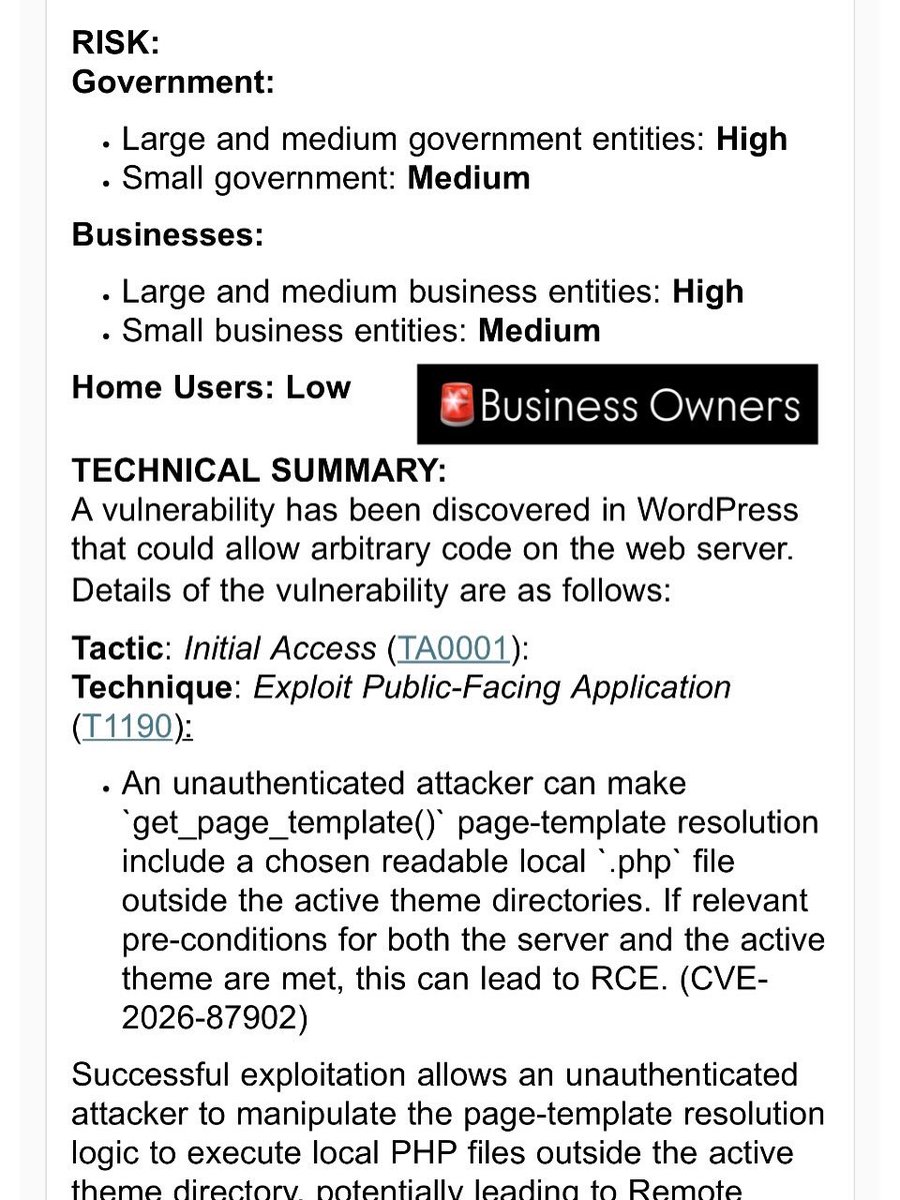 neuhytte's tweet photo. Urgent Wordpress Vulnerability Recommendation:  Patch Now &amp; Use the NIST 2.0 best practices 

If you have a Wordpress site and need help with this, we provide a full suite of Wordpress security services. One time or monthly subscription. 

#cybersecurity #wordpress https://t.co/AWFBBg8PCd