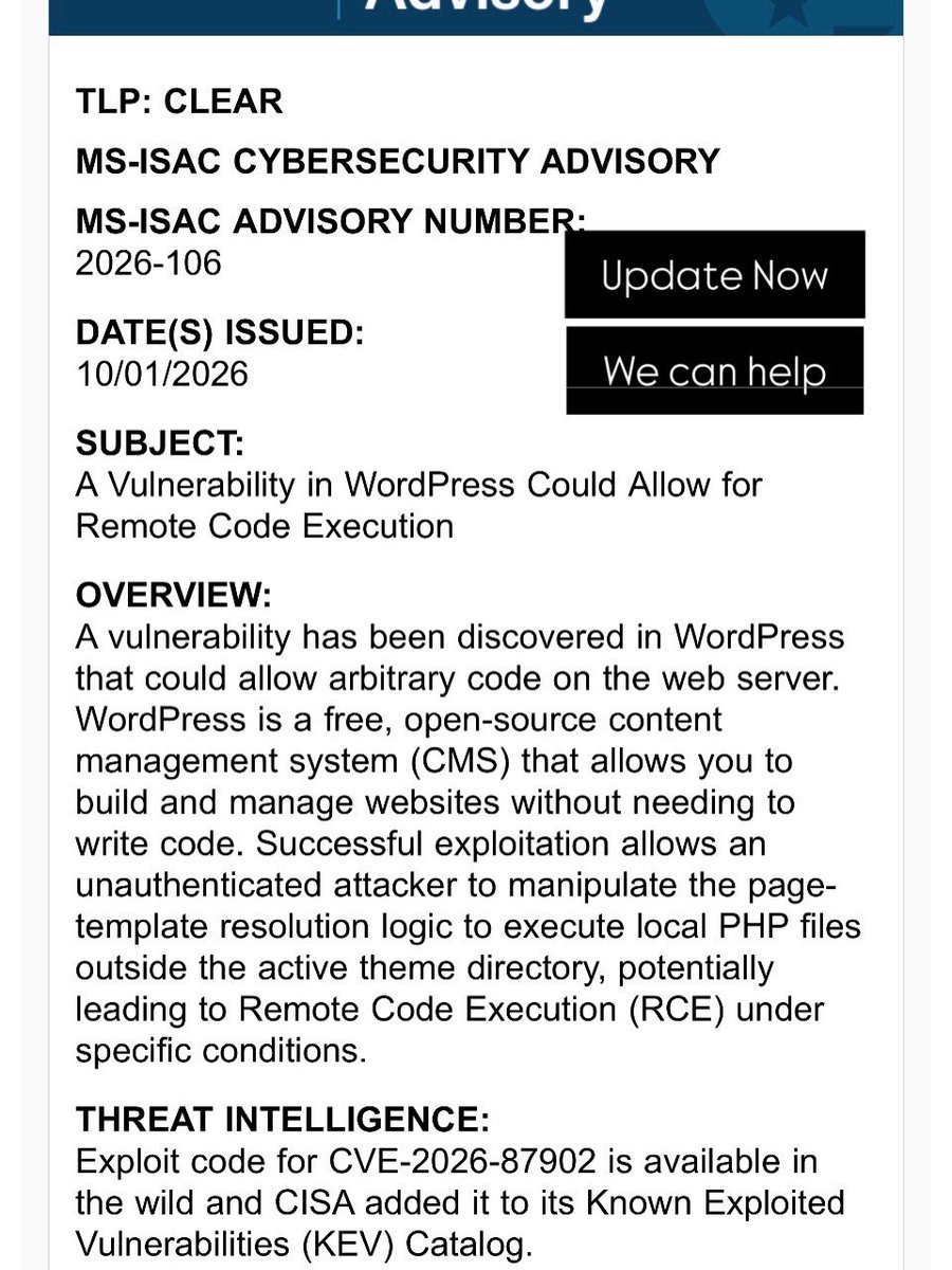neuhytte's tweet photo. Urgent Wordpress Vulnerability Recommendation:  Patch Now &amp; Use the NIST 2.0 best practices 

If you have a Wordpress site and need help with this, we provide a full suite of Wordpress security services. One time or monthly subscription. 

#cybersecurity #wordpress https://t.co/AWFBBg8PCd