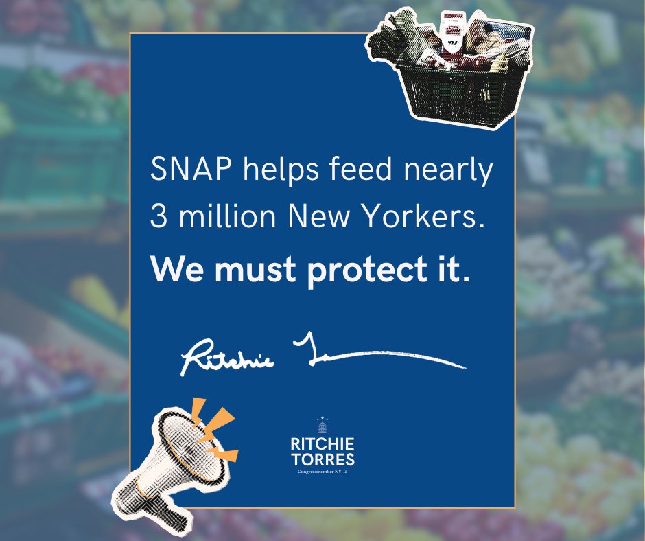 RepRitchie's tweet photo. SNAP helps nearly 3 million New Yorkers afford groceries. Today, the federal share of SNAP administrative costs falls from 50% to 25%, shifting more costs to New York. I'm fighting to delay Trump's next SNAP cost shift and protect this critical lifeline. https://t.co/rCd9cR5nJb