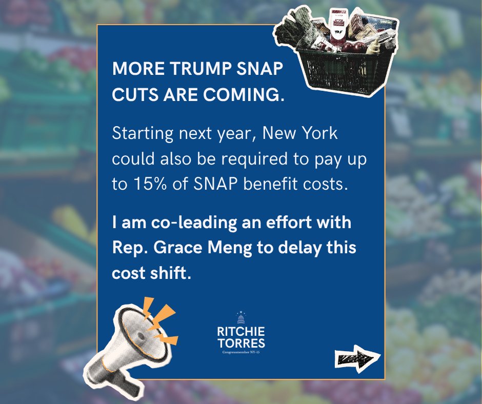 RepRitchie's tweet photo. SNAP helps nearly 3 million New Yorkers afford groceries. Today, the federal share of SNAP administrative costs falls from 50% to 25%, shifting more costs to New York. I'm fighting to delay Trump's next SNAP cost shift and protect this critical lifeline. https://t.co/rCd9cR5nJb
