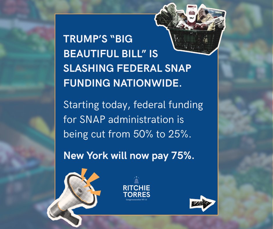 RepRitchie's tweet photo. SNAP helps nearly 3 million New Yorkers afford groceries. Today, the federal share of SNAP administrative costs falls from 50% to 25%, shifting more costs to New York. I'm fighting to delay Trump's next SNAP cost shift and protect this critical lifeline. https://t.co/rCd9cR5nJb
