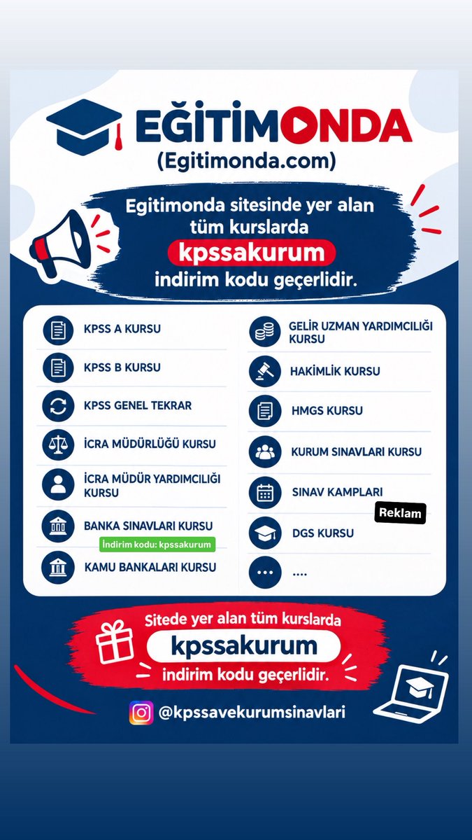 KPSSAVEKURUM's tweet photo. EĞİTİMONDA 
Egitimonda sitesinde yer alan tüm kurslarda 
kpssakurum indirim kodu geçerlidir. 

KPSS A KURSU 
İCRA MÜDÜRLÜĞÜ KURSU 
BANKA SINAVLARI KURSU 
GUY KAMPI 
KURUM SINAVLARI

İndirim kodu: kpssakurum 
https://t.co/E4vu2DyqDQ

#Adalet #Hukuk
@KPSSAVEKURUM #İcramudurlugu https://t.co/buBBYcuusE