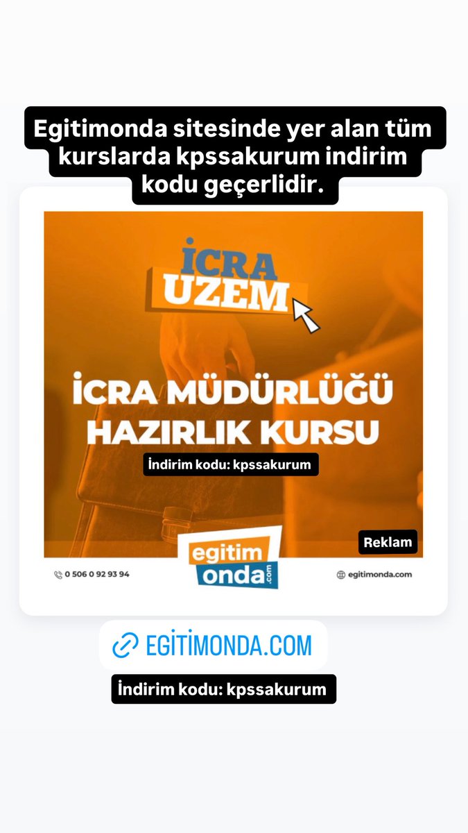 KPSSAVEKURUM's tweet photo. EĞİTİMONDA 
Egitimonda sitesinde yer alan tüm kurslarda 
kpssakurum indirim kodu geçerlidir. 

KPSS A KURSU 
İCRA MÜDÜRLÜĞÜ KURSU 
BANKA SINAVLARI KURSU 
GUY KAMPI 
KURUM SINAVLARI

İndirim kodu: kpssakurum 
https://t.co/E4vu2DyqDQ

#Adalet #Hukuk
@KPSSAVEKURUM #İcramudurlugu https://t.co/buBBYcuusE