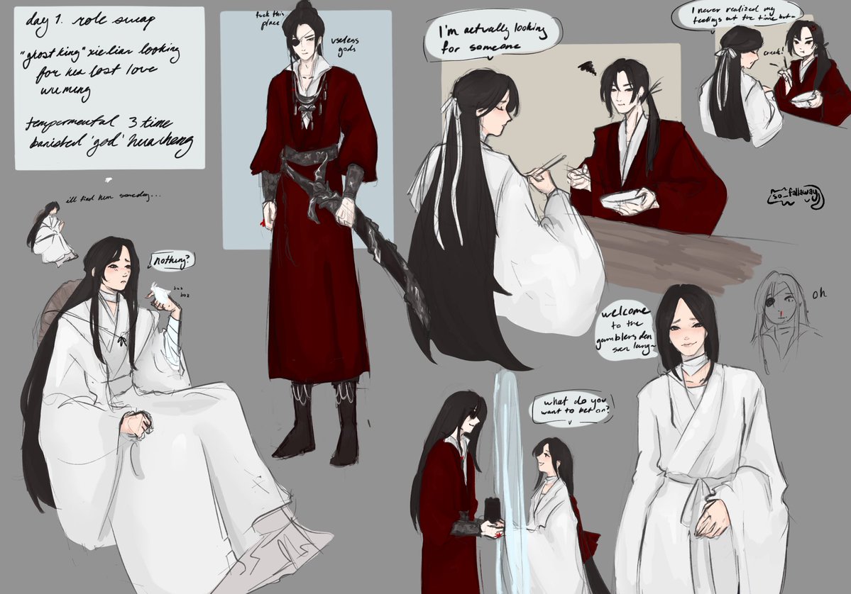 so_fallaway's tweet photo. au-tober day 1 - role swap (*´ω｀*)

with ‘ghost king’ xie lian who is looking for his lost love wu ming and temperamental ‘god’ hua cheng who has ascended once again (∨ω∨)Zzz #hualian #tgcf https://t.co/x4W6U0VJgy