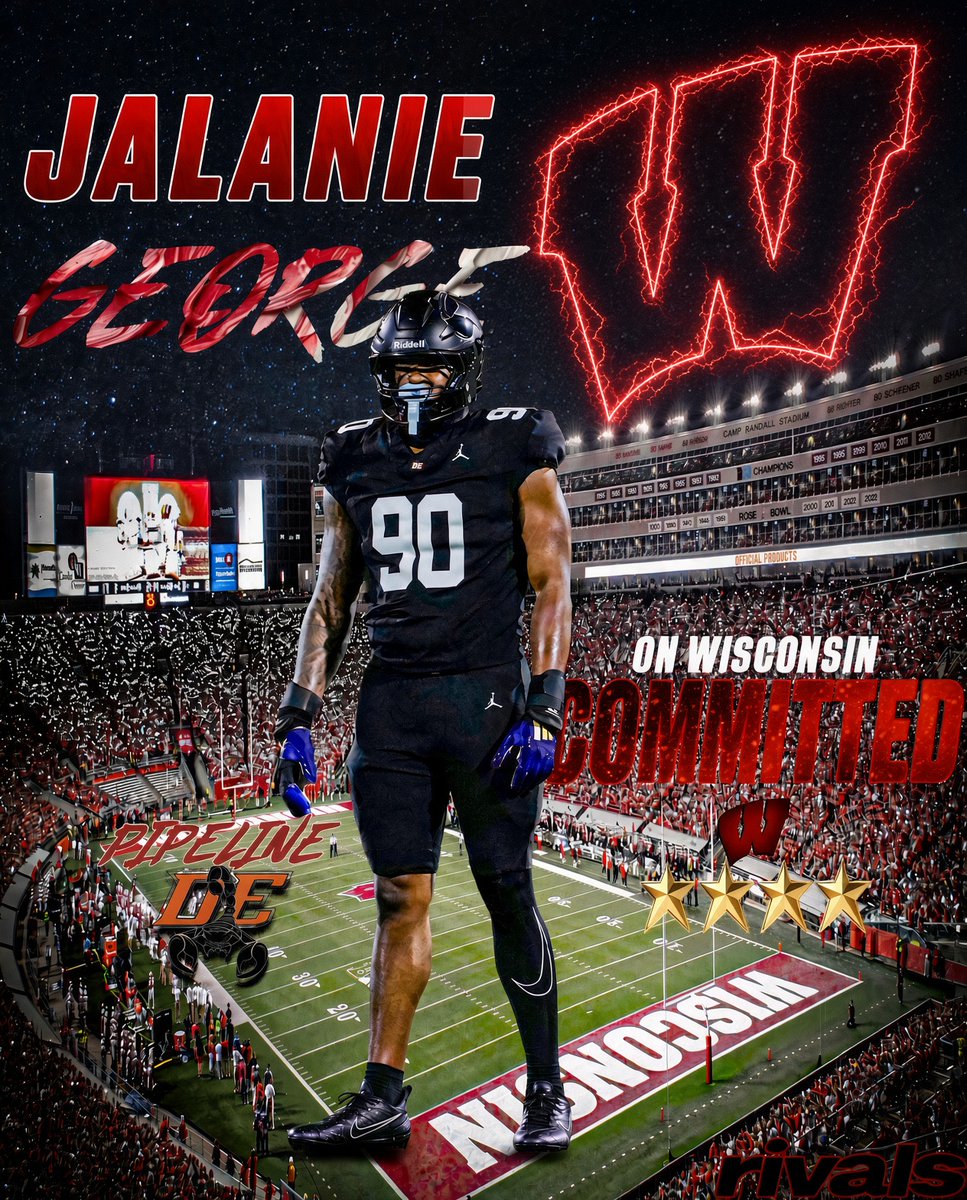 Evan_Flood's tweet photo. BREAKING: Four-star 2028 edge rusher Jalanie George commits to Wisconsin over Miami (FL), Ohio State, Alabama, Texas, Notre Dame, Oklahoma, Florida, USC, Indiana, Oregon, and more.

George is the fifth top 25 prospect for the #Badgers in the Rivals Industry era.

https://t.co/PI3C1ZZqmp