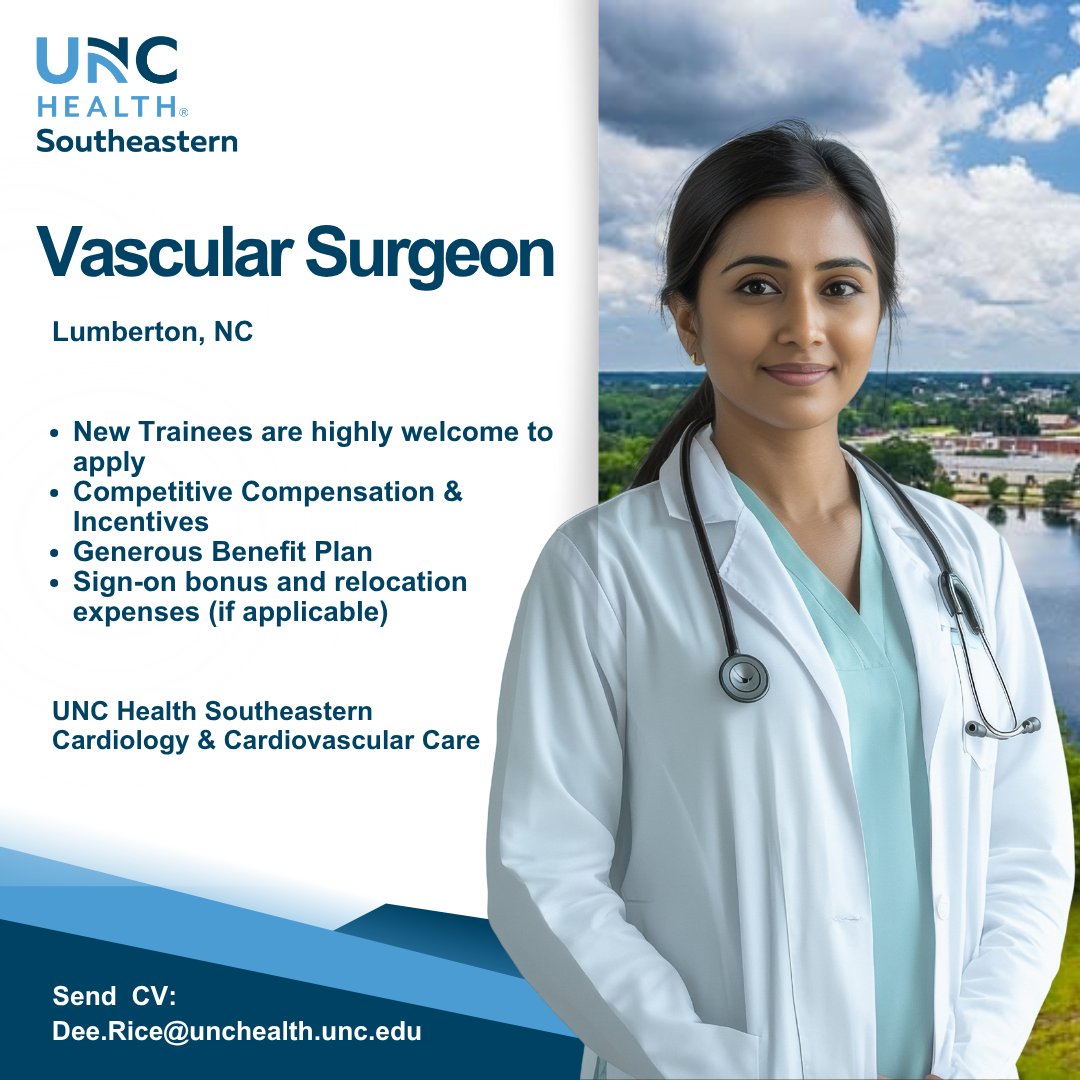 UNCPhysRecruit's tweet photo. UNC Health Southeastern in Lumberton, NC seeks a Vascular Surgeon to join our community-based practice of Cardiologist, Interventional Cardiologist, Cardiology Fellows, a Thoracic Surgeon, and APPs.  

https://t.co/lgGlFRLgIm https://t.co/oNq3u7v91Q
