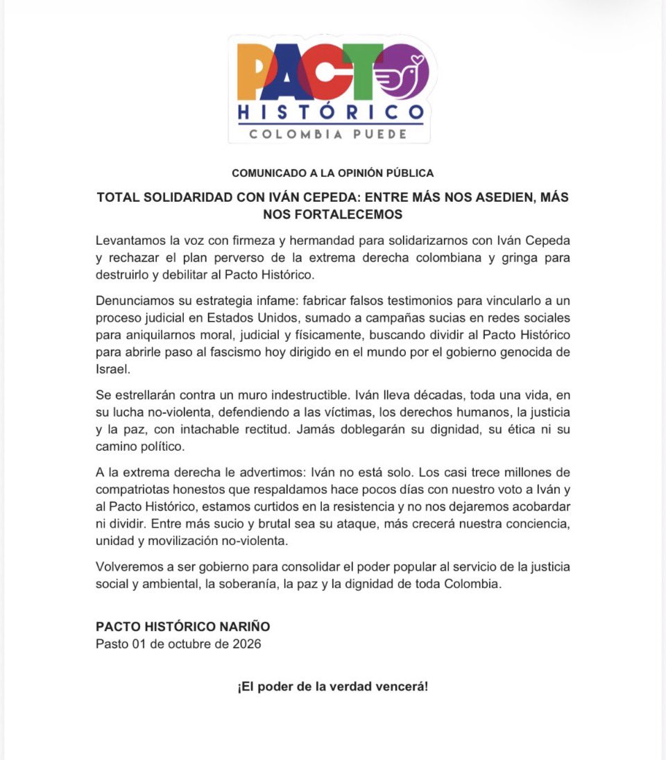IvanCepedaCast's tweet photo. AGRADEZCO LA SOLIDARIDAD DEL PACTO HISTÓRICO DE NARIÑO 

Desde Nariño, nuestro mensaje de solidaridad con el senador Iván Cepeda Castro frente a los ataques mentirosos y maliciosos de la extrema derecha.

¡NO PASARÁN! https://t.co/BphNwIdfQD