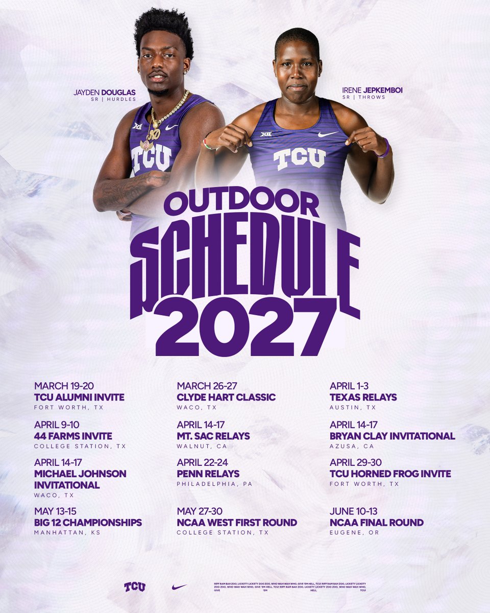 TCUTrackField's tweet photo. Mark those calendars 📅

The 2027 indoor and outdoor schedule is here!!

#GoFrogs https://t.co/RxuFtCvJSN