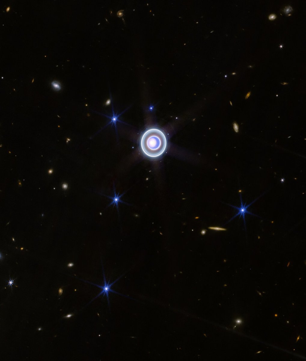 konstructivizm's tweet photo. An incredible image of Uranus and its rings set against a backdrop of distant galaxies. The shot also captures 14 of the ice giant's 27 moons. Image taken by the James Webb Telescope. https://t.co/T8AN8Q7LcJ
