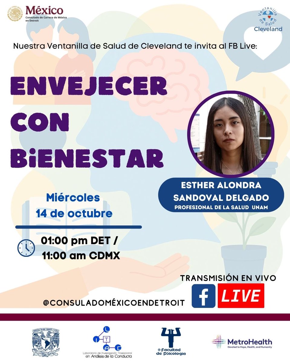 consulmexDET's tweet photo. Nuestra #VDSCleveland, en colaboración con la UNAM, te invita a esta sesión informativa para aprender cómo podemos envejecer con bienestar cuidando nuestro cuerpo desde ahora.
📆14 de octubre
🕛12:00pm hora de Detroit
🌐Facebook Live
#SaludPreventiva #Salud #VDS https://t.co/EJanBBVYFu