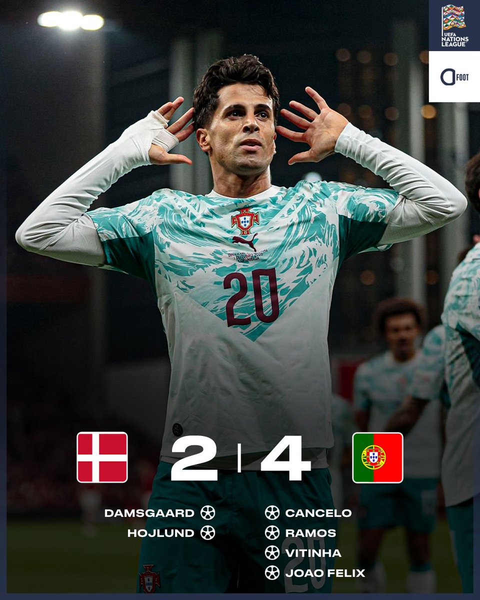 ActuFoot_'s tweet photo. 🚨🚨 LE PORTUGAL DE JORGE JESUS VALIDE LE 3/3 ET S’IMPOSE 4-2 AU DANEMARK 🇩🇰 !!!! ✅🇵🇹

LES HOMMES FORTS ONT TOUS RÉPONDU PRÉSENTS 👇
⚽️🎯 RAMOS
🎯🎯 FERNANDES
⚽️ FELIX 
⚽️ VITINHA
⚽️ CANCELO

La sélection se porte bien pour l’instant sans Cristiano Ronaldo. https://t.co/wZSach3Y5P
