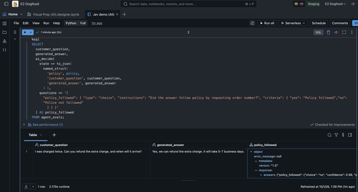 alighodsi's tweet photo. Everyone has been obsessed by Jev and what it can do, and they should be! Fast typed decisions >> slow text generation. It's a complete game changer. But how do you do that with all the data you have?

We just dropped 𝚊𝚒_𝚍𝚎𝚌𝚒𝚍𝚎(), which runs decision models natively on all your data in @databricks .  Now you can run system one decisions on all your big data, see screenshot. 

https://t.co/1kvMaxxFEt