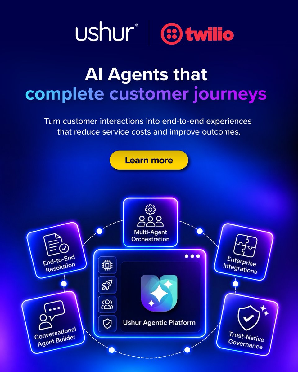 ushurInc's tweet photo. #Ushur is now in the #Twilio Partner Directory. Together, we help enterprises reduce service costs with #AIAgents that complete customer journeys across voice and digital channels. Explore: https://t.co/OblJGby3au #AI #CustomerExperience #CX #EnterpriseAI #DigitalTransformation https://t.co/pYMN2sHoOB