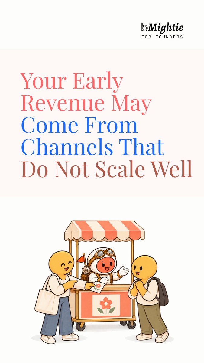 A promotional graphic from Mightie for Founders stating 'Your Early Revenue May Come From Channels That Do Not Scale Well', illustrated with cartoon figures at a flower stand.