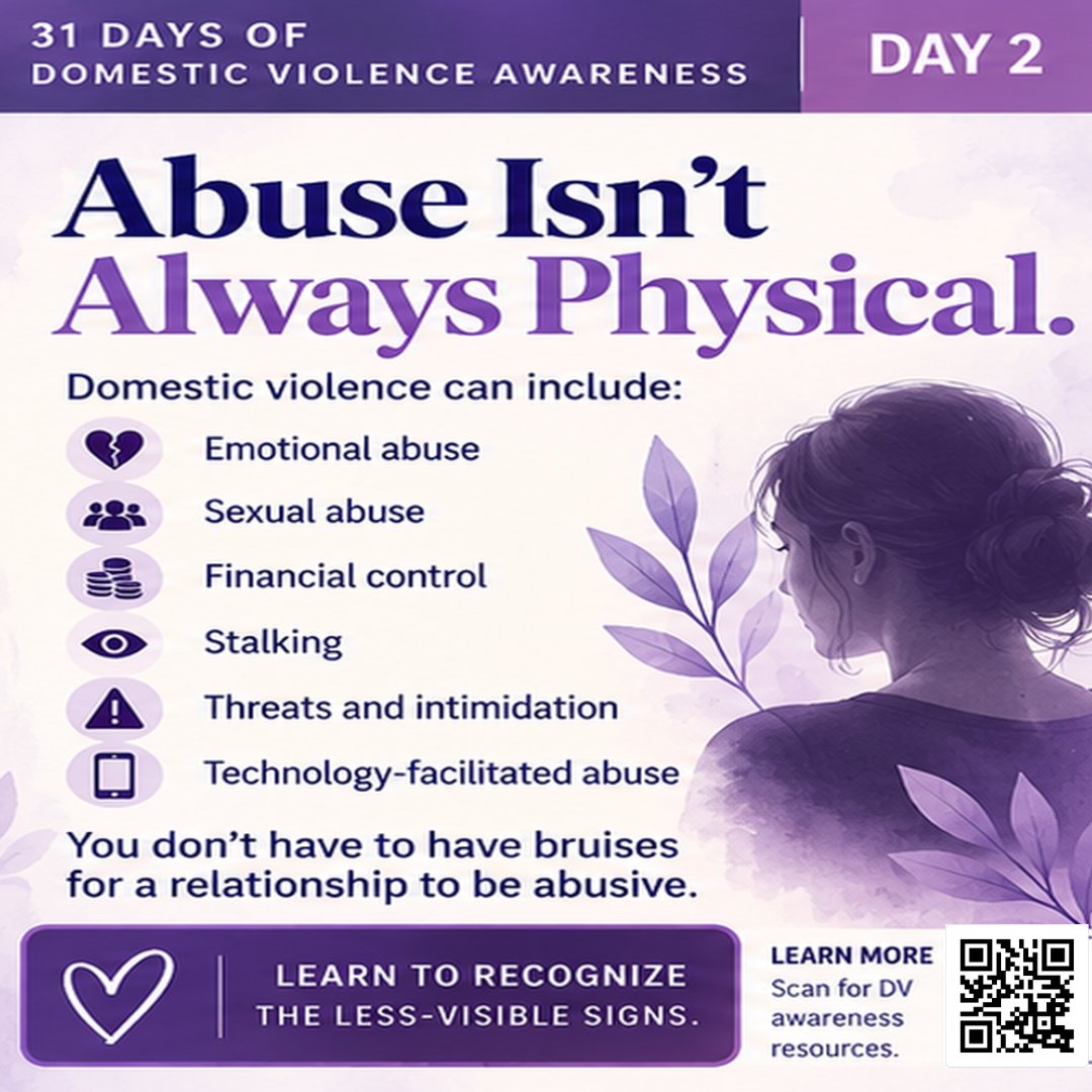911CPB's tweet photo. Domestic violence isn’t always physical. Emotional abuse, financial control, stalking, intimidation and digital monitoring can also be forms of abuse.

💜 Learn to recognize the less-visible signs.

#DVAM2026 #WithSurvivors #DVActionMonth #KnowTheSigns  #911CPB https://t.co/jThN2tQuWl