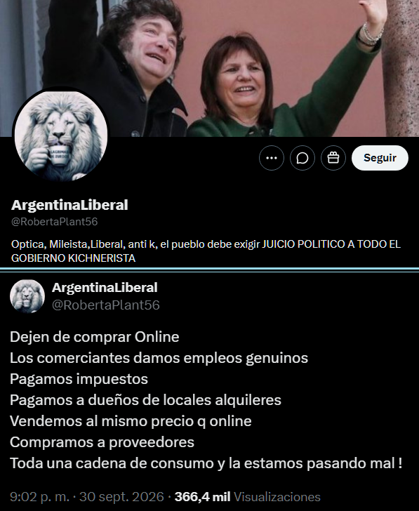 augustogrinner's tweet photo. — No, pero o sea, digamos, no la estás pasando mal, hay actividad económica récord, sos kuka tira-piedras. Si estás pasándola mal, es porque no sos competitiva y tenés que cerrar el comercio, o sea, digamos.

Vos defendés y militás esto, @RobertaPlant56, ¿qué pasó?