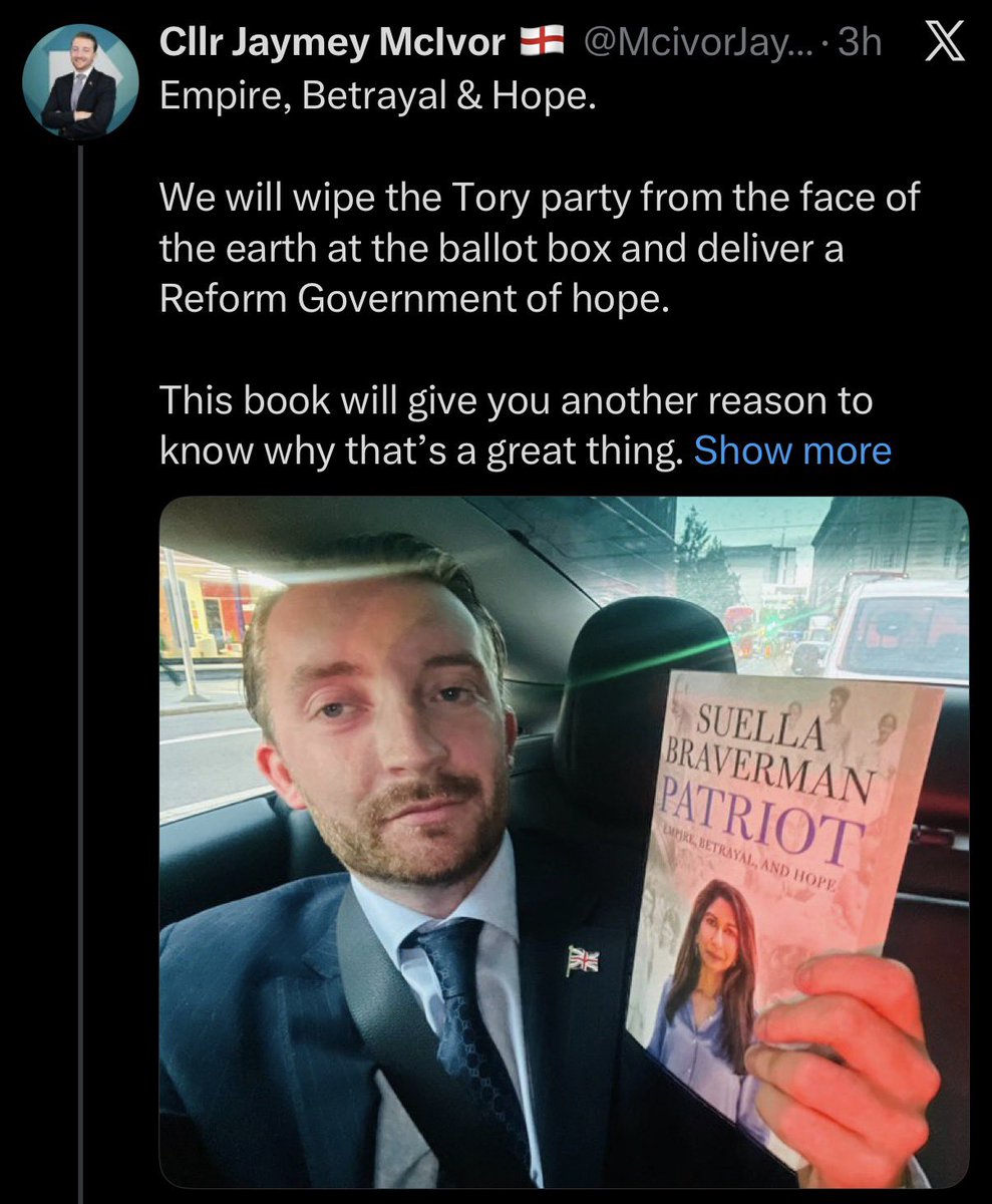 colder_sarcasm's tweet photo. Remember when @reformparty_uk lost their minds over a t-shirt with “Nigel” on it saying it would encourage violence?

Well here’s a Reform Councillor saying they will wipe the Tories from the face of the earth!! Has this been reported to the police ??

@Nigel_Farage @Conservatives @ZiaYusufUK @TiceRichard