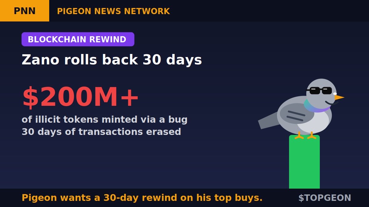 TopPigeonSOL's tweet photo. A blockchain just erased 30 days of history. ⏪

@zano_project rolled its chain back to block 3,833,000 after a bug let an attacker mint $200M+ in illicit tokens.

Affected balances will be restored, with no change to supply. $ZANO is down 32% this week.

The pigeon wants a 30-day rewind on his top buys. 🐦🕶️

Should blockchains ever be rolled back? Yes or no 👇

$TOPGEON #TOPGEON #CryptoNews

💙Like
🔁RT