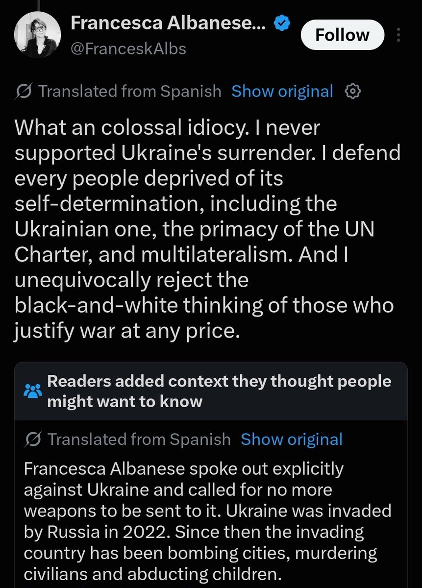 BohuslavskaKate's tweet photo. Francesca Albanese shouldn't be allowed to downplay her words. She advocates against providing Ukraine weapons to defend itself at a time when russia's bombing campaign against civilians is at its most intense in years.

Today, Russia targeted a school during school hours, just like yesterday. They systematically strike homes, markets and stores, civilian infrastructure, cars and roads, hospitalsand churches. And yet she insists we shouldn't have the means to defend against it.

She is also a frequent guest on russian propaganda outlets.