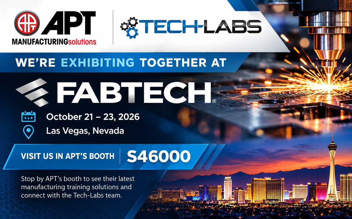 Tech_Labs's tweet photo. We’re heading to #FABTECH2026! ⚙️

Tech-Labs will be joining APT Manufacturing Solutions at Booth S46000 in Las Vegas, Oct. 21–23.

Stop by to meet the teams and explore hands-on solutions for manufacturing and workforce training.

#AdvancedManufacturing #CTE https://t.co/kobnpIPozU