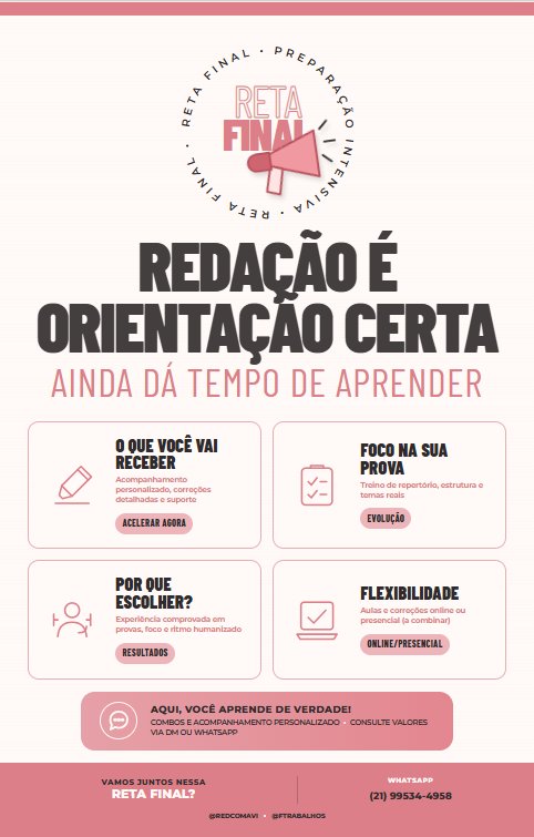 FTRABALHOS's tweet photo. @loeyy519 Eu posso te dizer que ainda dá tempo!
Oi! Tudo bem? Sou professora de redação e posso te ajudar! Tenho ótimos valores para correção, aulas e monitorias! Vamos conversar melhor?
Meu WhatsApp: (21) 99534-4958 https://t.co/uutwD2fbcE