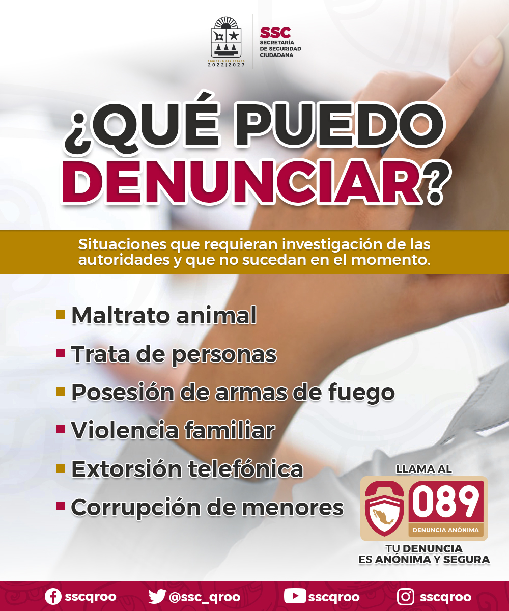 SSC_QROO's tweet photo. 🚨 ¡Que el miedo no te calle, denuncia!

Si eres víctima o tienes conocimiento de algún delito, denuncia de manera anónima y segura al 089. 📲

Tu información puede ayudar a las autoridades a investigar y prevenir delitos.

🤝 ¡Puedes hacer la diferencia!

#ServirYProteger https://t.co/oKWhuzpKHY