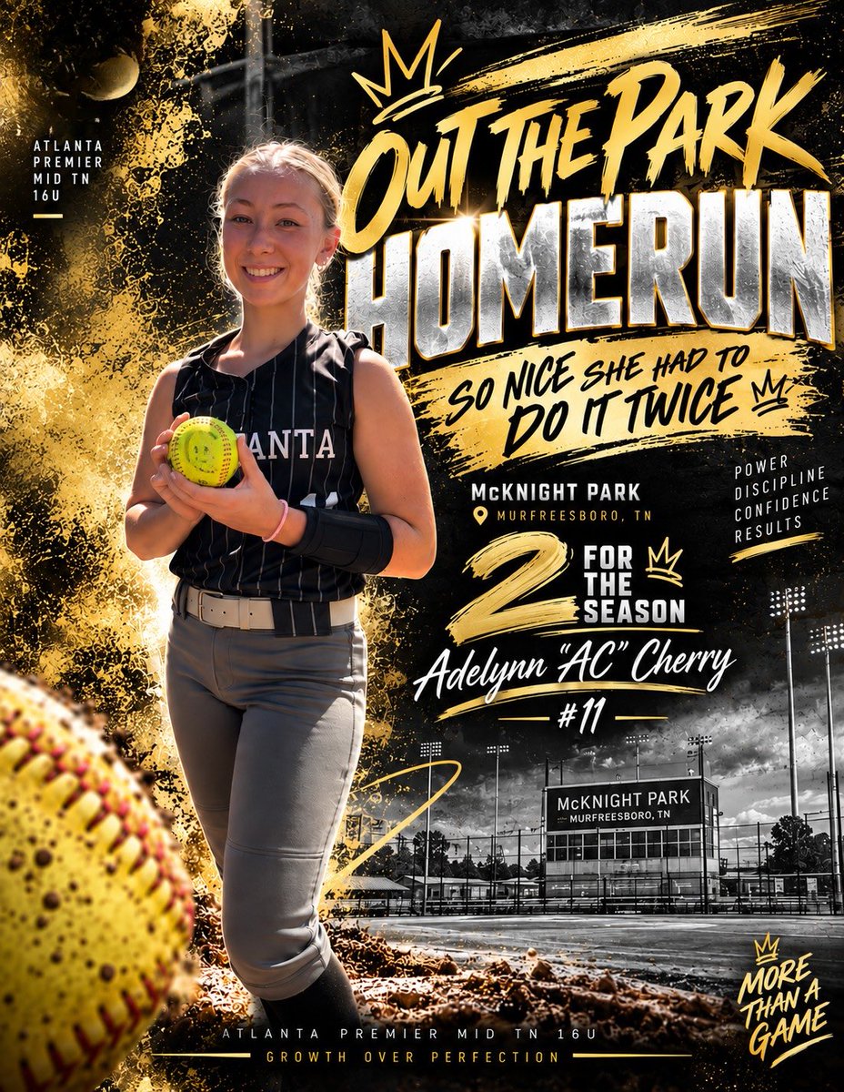 ATLPremier_TN's tweet photo. 💣 SO NICE, SHE DID IT TWICE!

Adelynn “AC” Cherry @adelynn_cherry #11 | 2029 sent HR #2 of the season OUT at McKnight Park! 🚀

🔥 1.000 AVG this weekend
💣 2 HRs this season
🥎 3B/SS | 2029

The bat is HOT! 🖤💛

#2029Recruit #Uncommitted #HomeRun #PowerHitter https://t.co/q9dklOWJSo