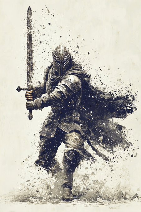 A stylized, ink-splatter style illustration of an armored knight or warrior wearing a full helmet and cape, wielding a large sword against a light background.
