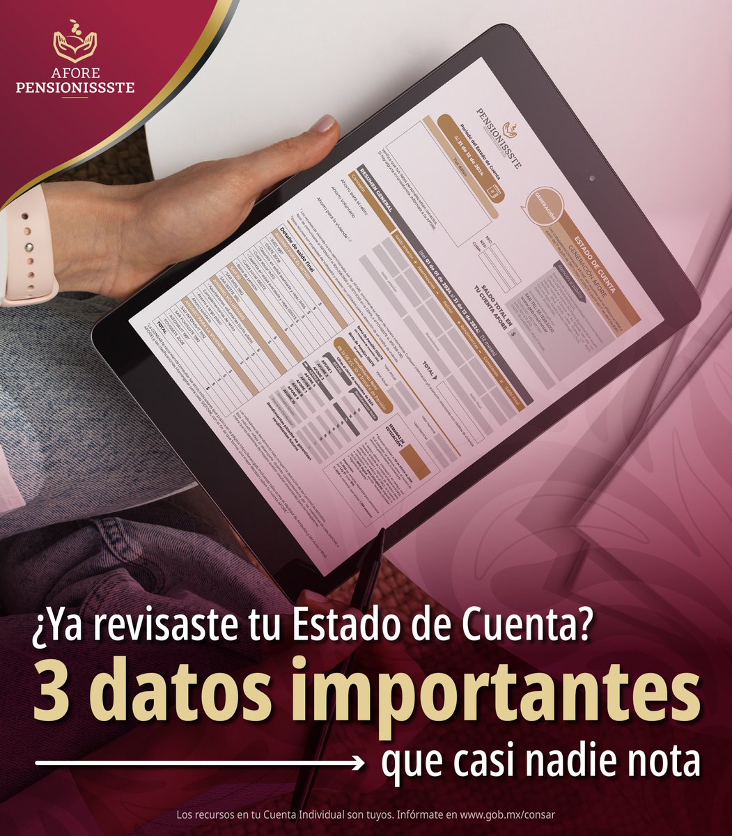 PENSIONISSSTE_'s tweet photo. 📄 ¿Ya recibiste tu Estado de Cuenta y no sabes qué información revisar?

#YoTeExplico 👀 Aquí te compartimos algunas recomendaciones para que identifiques los datos más importantes y conozcas mejor el ahorro que tienes en tu Cuenta Individual.

En AFORE @PENSIONISSSTE_  te orientamos para que tengas mayor control de tu ahorro para el retiro. 💼