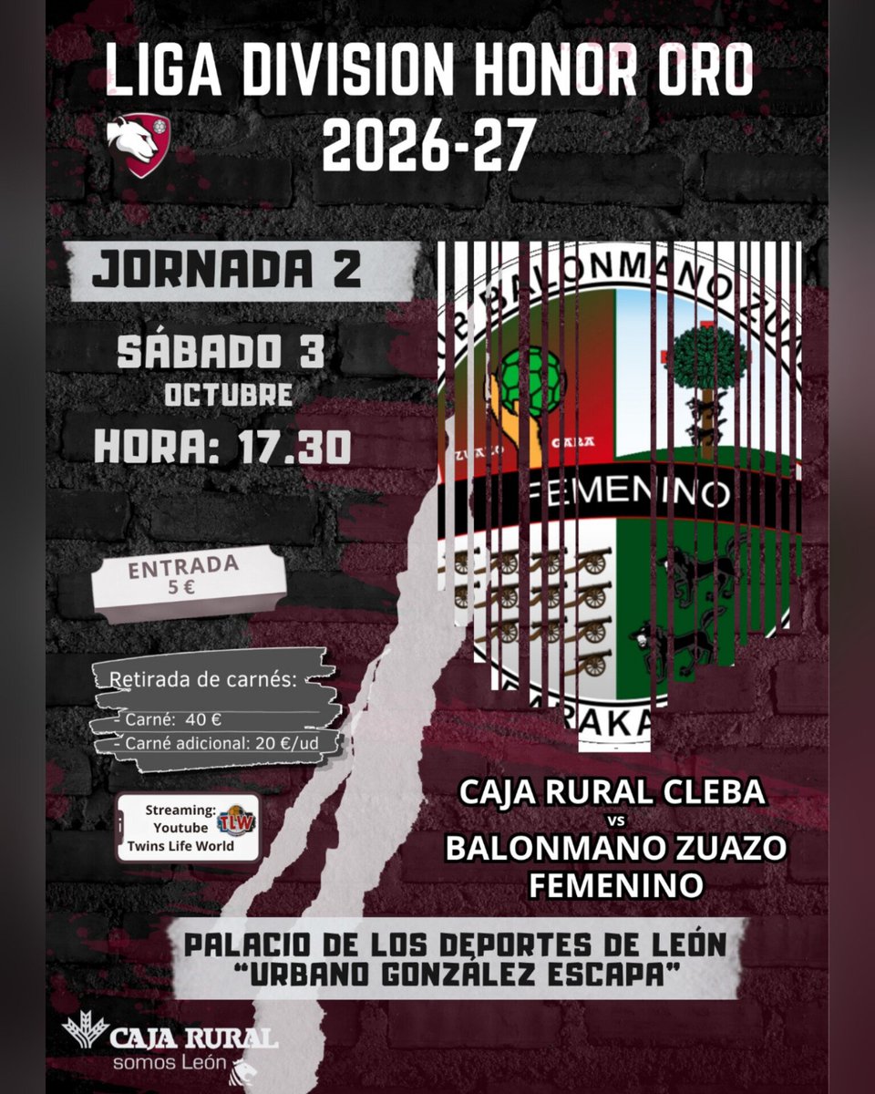 ClebaLeonBm's tweet photo. ¡PRÓXIMO PARTIDO!⚫🔴
📍Jornada 2 #DHOrofem | Palacio de los Deportes de León “Urbano González Escapa”
Caja Rural Cleba 🆚 @cbmzuazo Femenino
📅 Sábado 3 octubre
⌚17.30 h
📱 https://t.co/UE4cpok5Cm
🤜🤛 "Juntas en la grada, invencibles en la cancha"
#cleba #sumaysigue https://t.co/Qi80qLCqJO