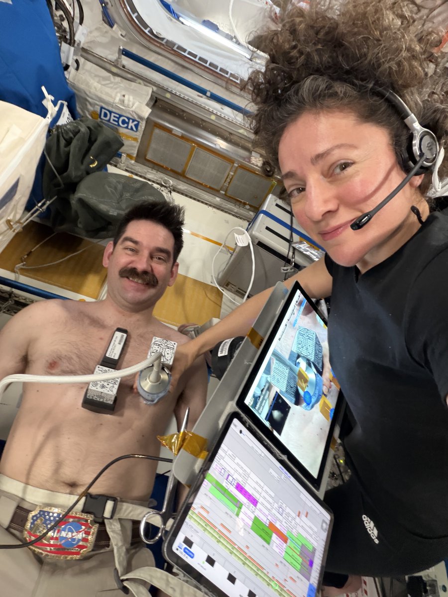 Astro_Jessica's tweet photo. Last week @Soph_astro, @astro_hathaway and I took turns imaging each other’s internal organs for the @CNES EchoFinder-2 experiment.  This experiment aims to use augmented reality and artificial intelligence to allow astronauts without medical or ultrasound expertise to perform scans without any support from Earth.  This type of technology could prove invaluable for remote medical monitoring scenarios both on Earth and for @NASAArtemis missions to the Moon and Mars.