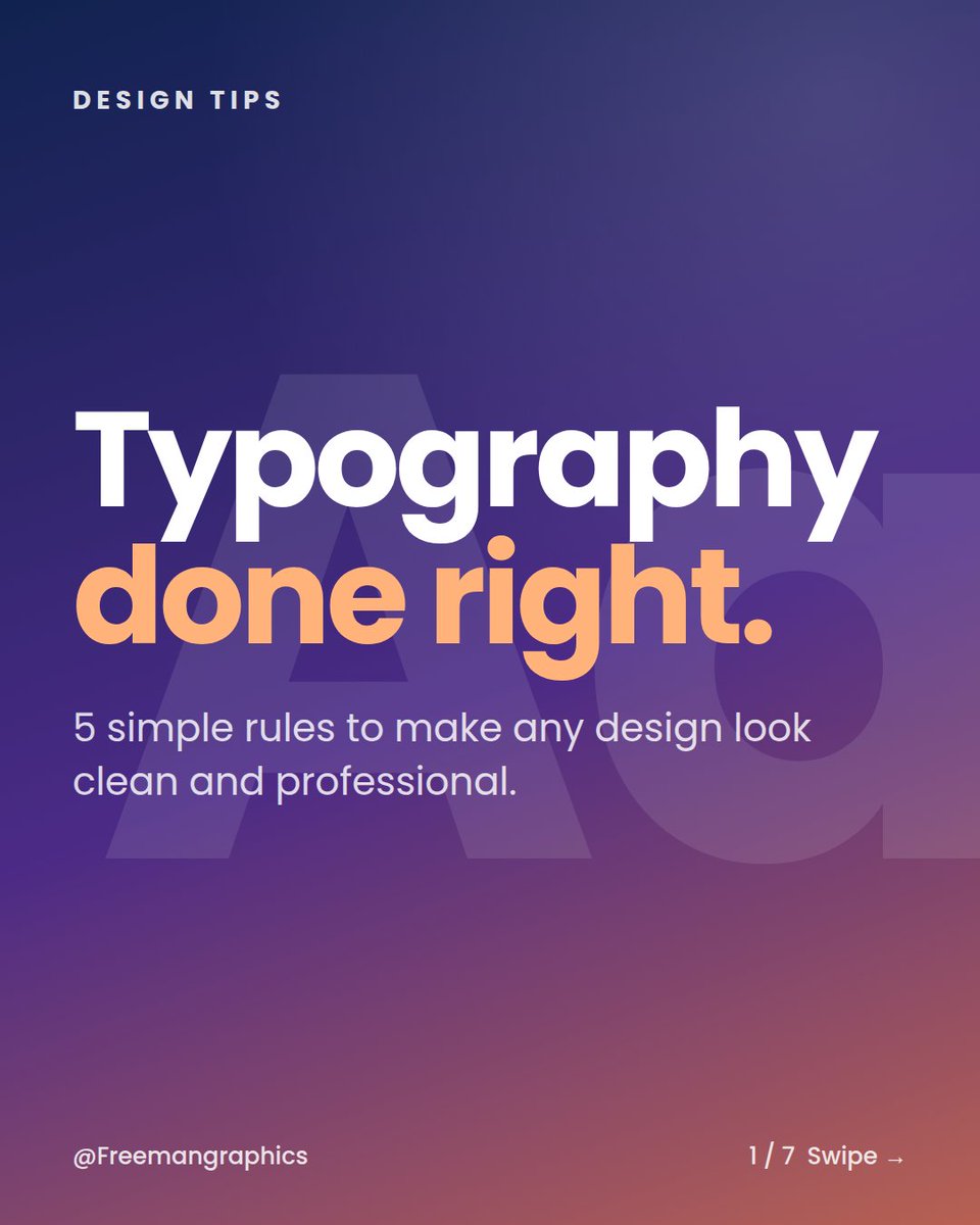 Patrick11235770's tweet photo. 5 typography rules that instantly make your design look better:
Two fonts. Clear hierarchy. Open spacing. Strong contrast. One alignment.
Swipe through. Save it. 👇
#typography #designtips #graphicdesign https://t.co/qQXOVXCmhm
