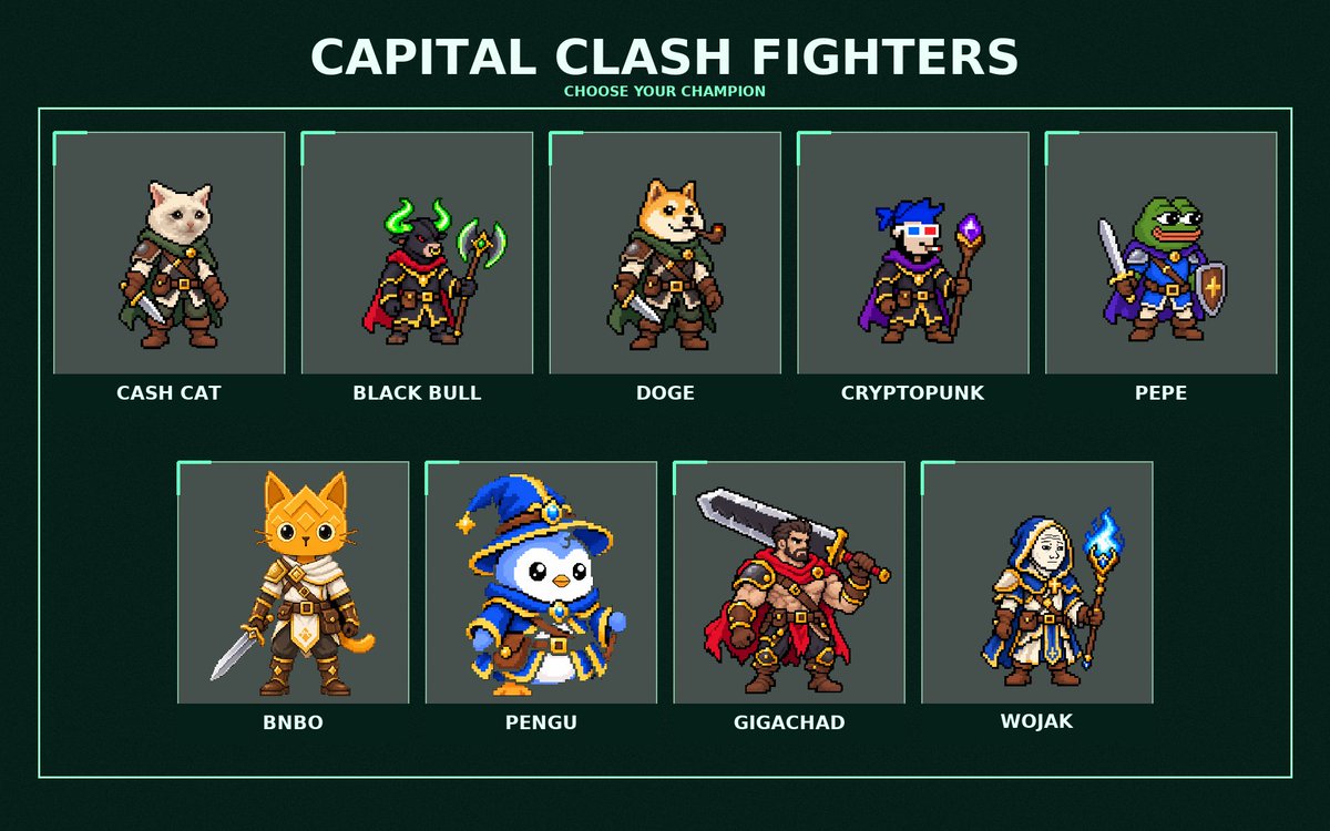 CapitalClashx's tweet photo. Capital Clash just got a full redesign and 4 new fighters from our communities suggestions. 

Choose your champion and enter the arena. ⚔️
https://t.co/dZ2Fb9vuQb

Drop Any New Suggestions Below or Feel Free to DM⤵️

$cashcat $ansem $doge $pepe $bnbo $PENGU $gigachad $wojak $clash