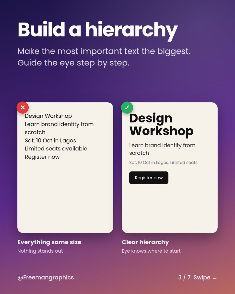 Patrick11235770's tweet photo. 5 typography rules that instantly make your design look better:
Two fonts. Clear hierarchy. Open spacing. Strong contrast. One alignment.
Swipe through. Save it. 👇
#typography #designtips #graphicdesign https://t.co/qQXOVXCmhm