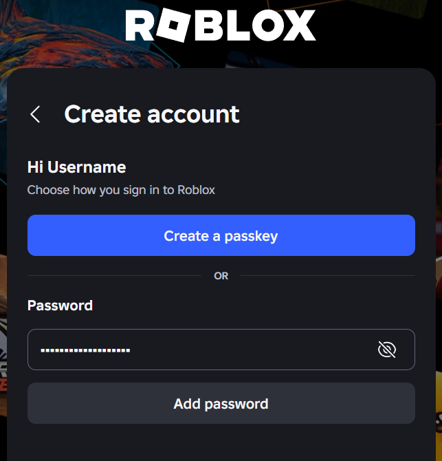 RoUtilityNews's tweet photo. Roblox now auto prompts you to create a passkey when you create a new account on the platform. https://t.co/BVigsPFVD7