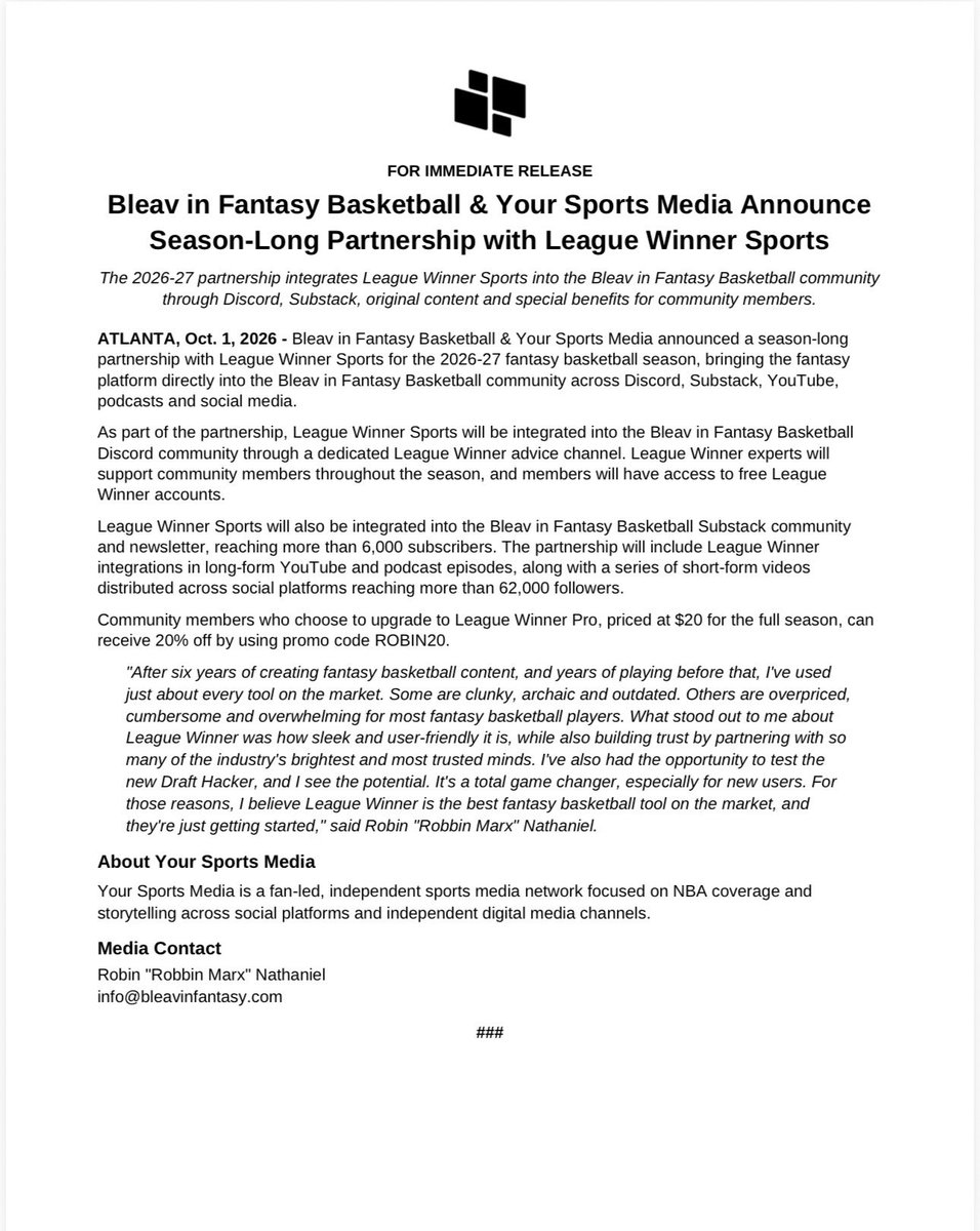 bleavinfantasy's tweet photo. 🚨HUGE ANNOUNCEMENT

Bleav in Fantasy Basketball &amp; Your Sports Media are officially partnering with @LeagueWinnerNBA for the 2026-27 fantasy basketball season.

More tools. More resources. More ways to win your league.

Full press release 👇 https://t.co/vH6hFhaXGf
