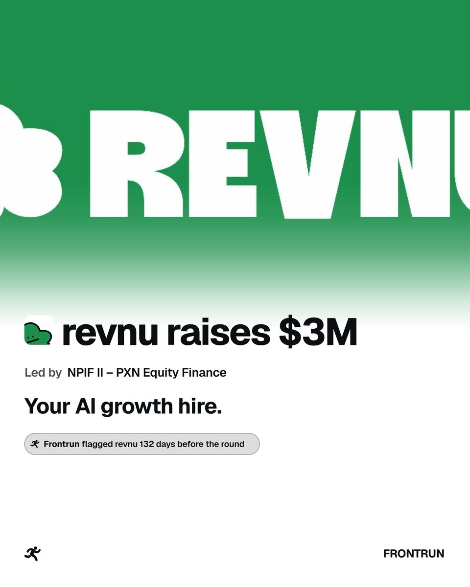 frontrunvc's tweet photo. Today's fundraises. @frontrunvc flagged 4 startups before they were announced. 👇

Average lead time: 82 days.

1. @revnu_app - 132 days ago. $3M seed led by - PXN Equity Finance

2. @PhotonHQ - 97 days ago. $4.5M seed led by @gradientvc

3. @HalluminateAI - 49 days ago. $30M Series A led by @oakhcft

4. @DoxxnetHQ - 49 days ago. $38M Series A led by @a16z