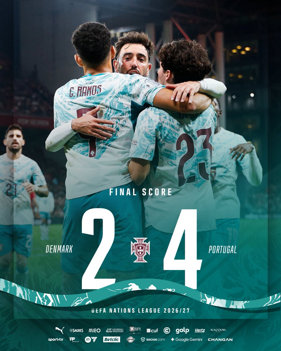 selecaoportugal's tweet photo. ⏹️ 90+4' TERMINA A PARTIDA ⏰  

𝗧𝗥𝗘̂𝗦 jogos. 𝗧𝗥𝗘̂𝗦 vitórias. 😁🇵🇹  

#NationsLeague | #DENPOR https://t.co/iGr25cHcYc