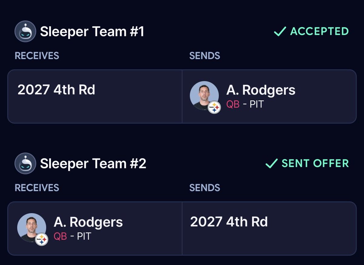 PiKappRetirees's tweet photo. Look like a tac on part of this trade also sees Aaron Rodgers going to the Trash Daddy roster in exchange for a 2027 4th round draft pick! https://t.co/N0BMgMJx2m