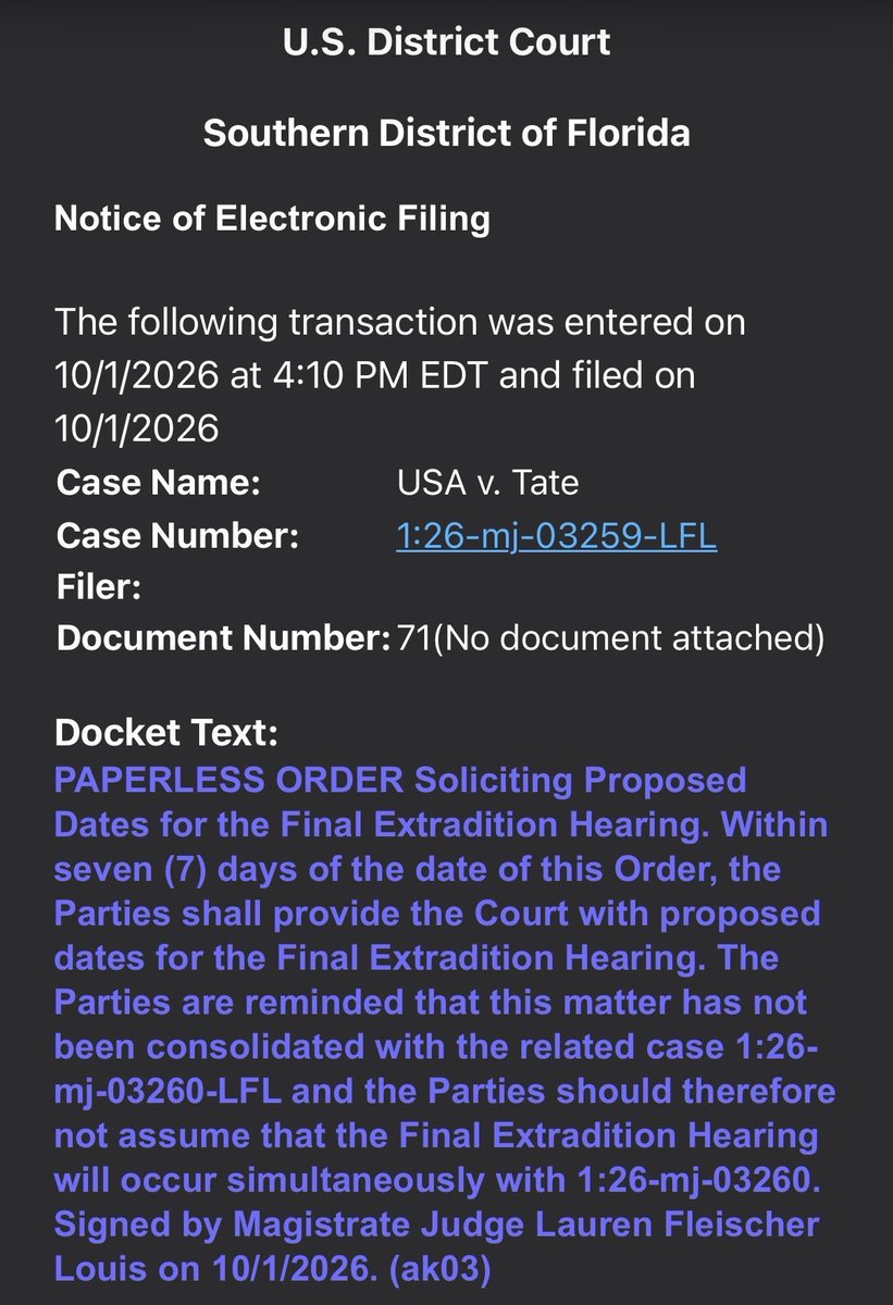 tatedailytake's tweet photo. 🚨THE UK CAN NO LONGER HIDE BOTH BROTHERS INSIDE ONE HEADLINE‼️

A federal judge just ordered both sides to send dates for the final extradition hearing within seven days. Then she said the cases are not merged. 

Andrew and Tristan do not automatically get the same hearing. For years the press treated them as one story. Now the UK has to make the case twice.

Their lawyer said it plain.

“It’s time for the UK to put up or shut up.”

The defense still has not been given a name.

But here’s the question that keeps coming back:

WHERE IS THE EVIDENCE?

After years of investigations, millions spent, and endless headlines, the defense is demanding answers.

YOU CAN’T JUST KEEP MAKING ACCUSATIONS. SHOW THE EVIDENCE.