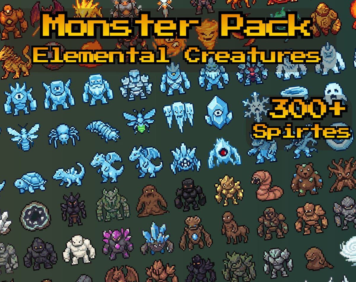 PixAssets's tweet photo. 334 32x32 pixel art elemental monsters for roguelike games! Check it out: https://t.co/cAFd90huqy
#gamedev #pixelart #assetpack #indiedev https://t.co/Rm4gYhbdne