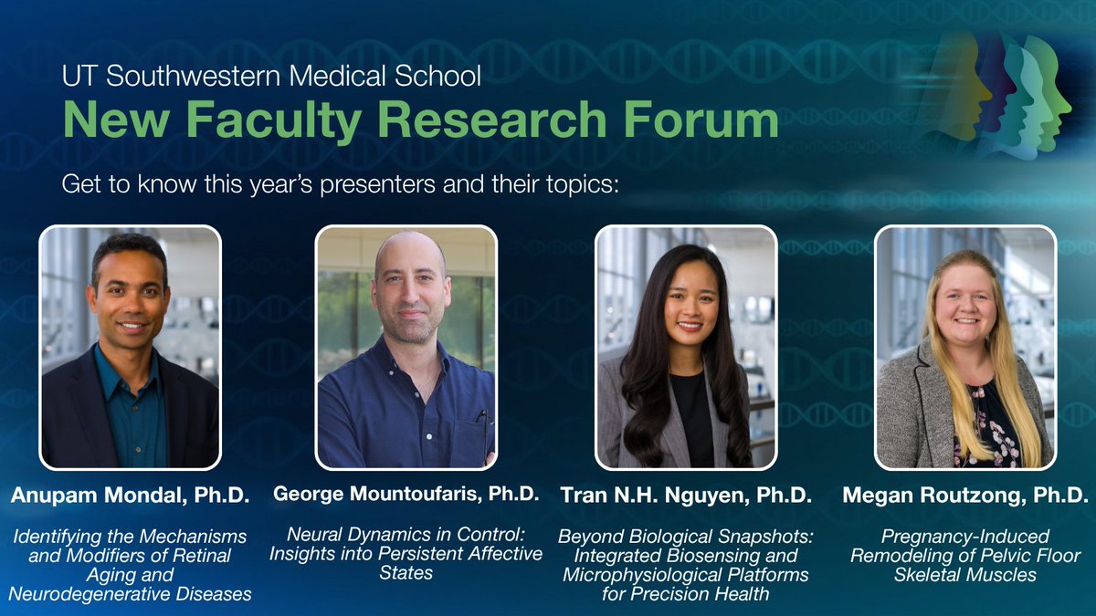 UTSWScience's tweet photo. Meet 17 new faculty members advancing discovery at the 2026 New Faculty Research Forum. Connect with the #UTSW research community, explore innovative work, and view this year’s lineup: https://t.co/PLiwp9qz3a #NFRF2025 https://t.co/MyHgoGgLjH