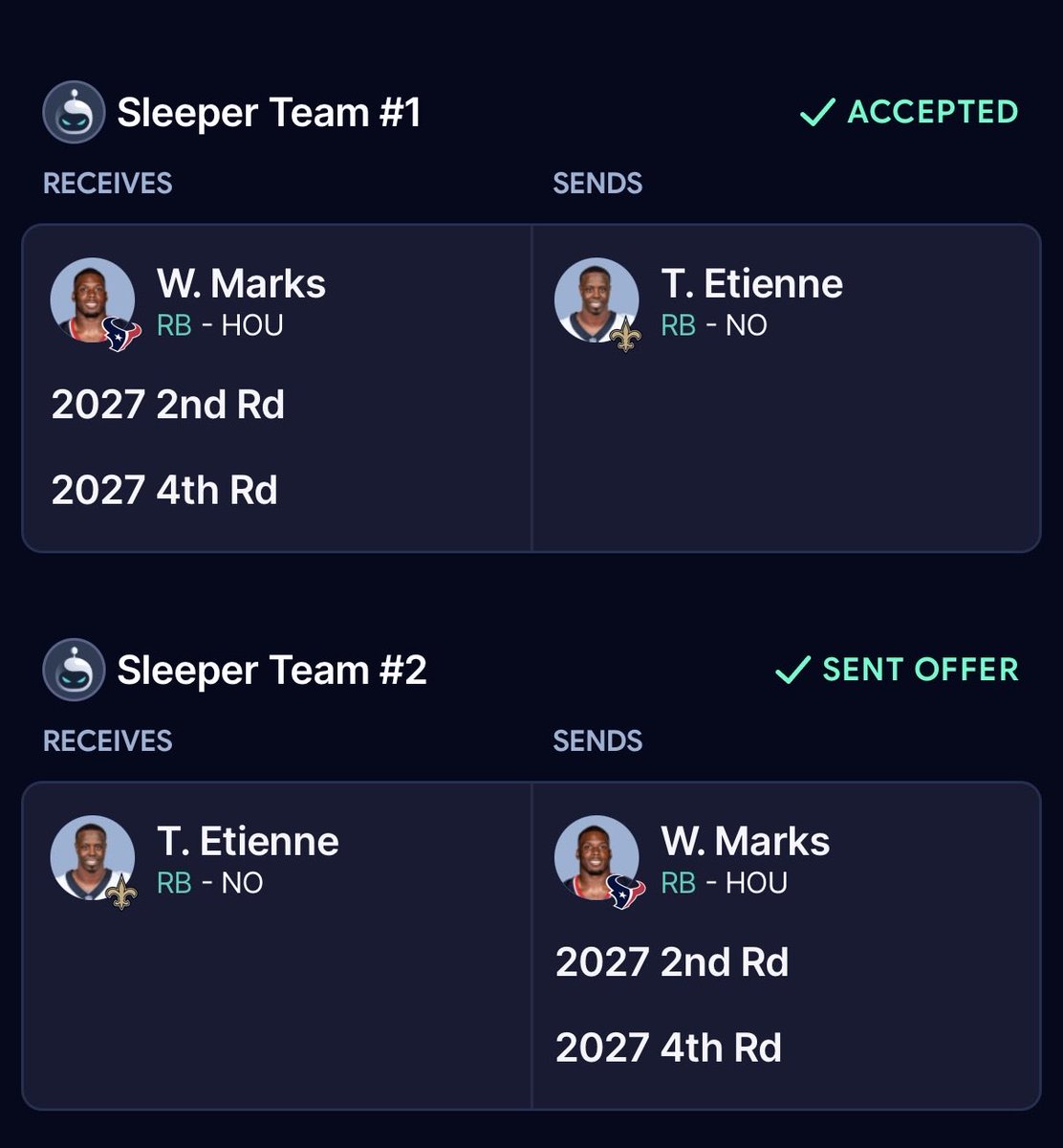 PiKappRetirees's tweet photo. Another trade!🚨

The Tittsburgh Feelers are stacking the RB room grabbing Etienne from CT(ua)E for Woody Marks a 2027 2nd round pick and a 2027 4th round pick. Not sure if the Feelers knew Etienne was on the IR but nonetheless the deal is done! https://t.co/Dze9hAoZTh