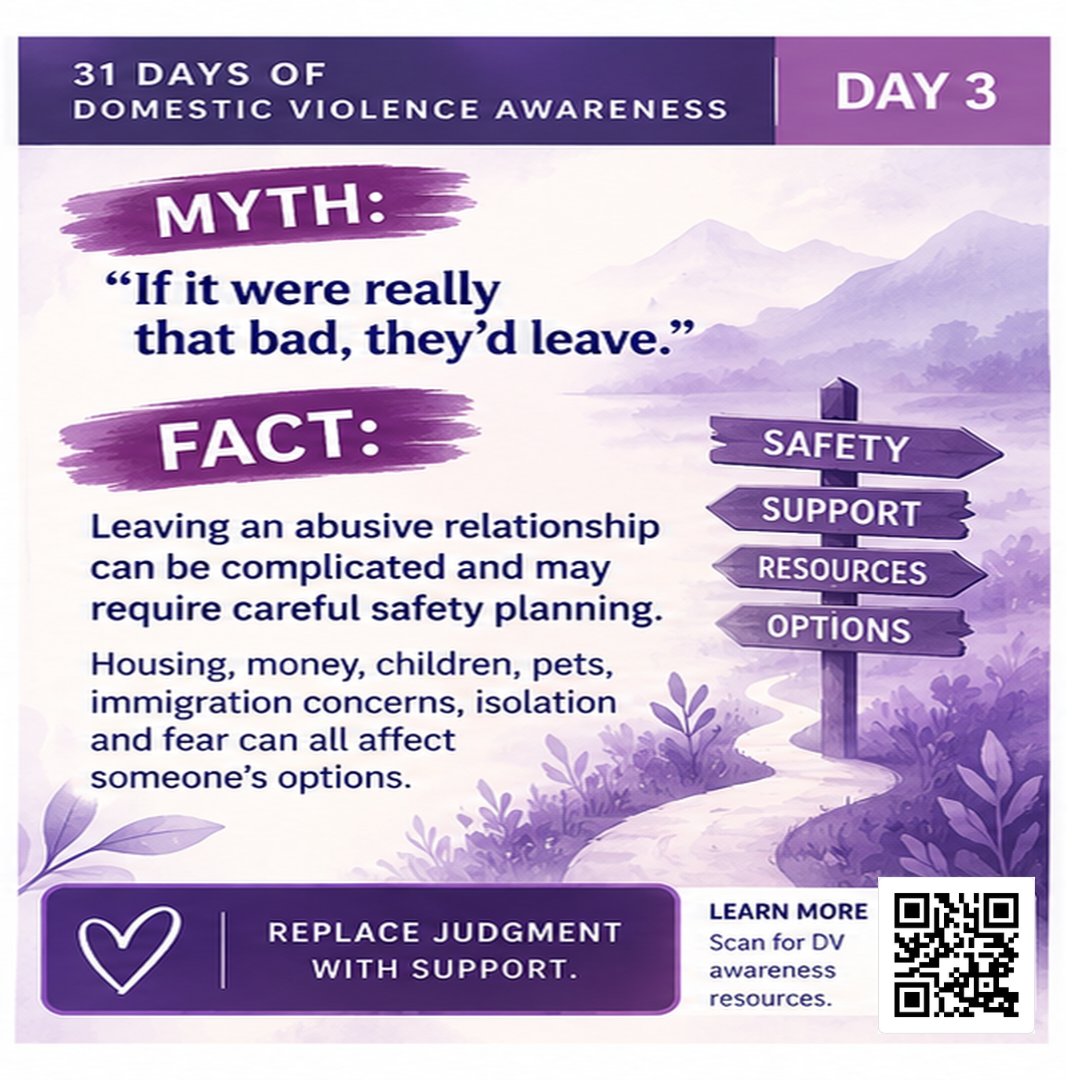 911CPB's tweet photo. “Why don’t they just leave?”

Fear, finances, children, housing, isolation and other barriers can make leaving an abusive relationship complicated.

A better question: “How can I support you?” 💜

#DVAM2026 #DVAM #DVActionMonth #WithSurvivors #911CPB https://t.co/dfarkWa7QQ